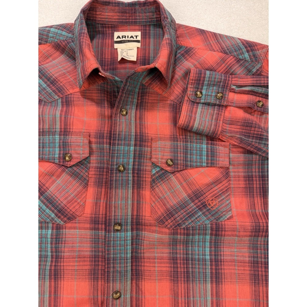 Ariat Retro Fit Shirt‎ Men L Red Plaid Pearl Snap Button Front L/S Western